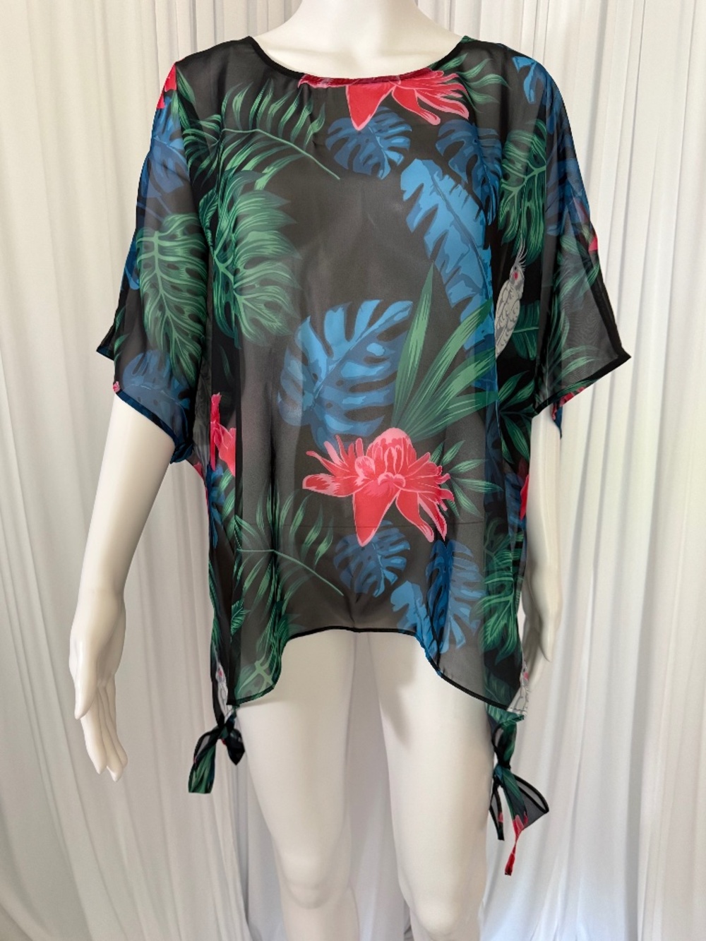 Colleen Lopez Tropical Sheer Chiffon Tie Hem Poncho Top NWOT M